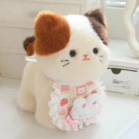 Plush Calico Cat Doll with Pink Bunny Bib