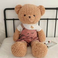Plush Teddy Bear in Printed Overalls